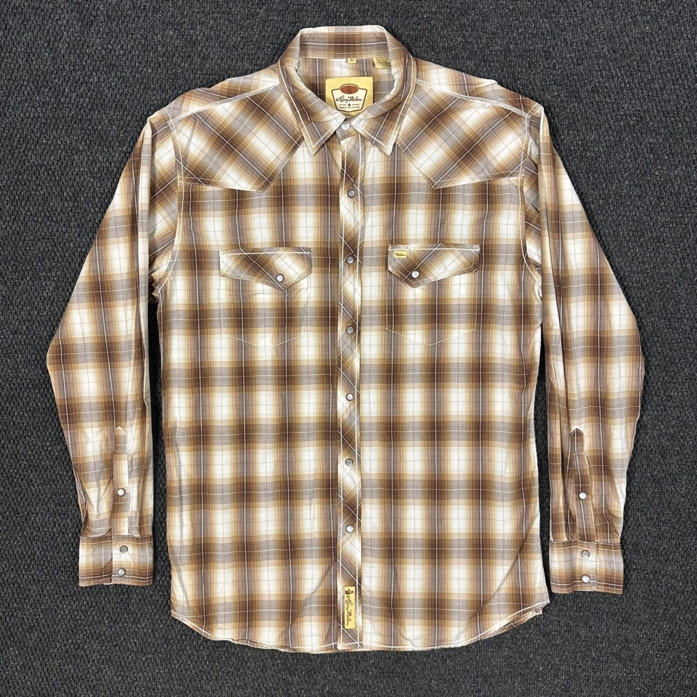 Larry Mahan Western Pearl Snap Shirt Men XL Brown Plaid Cowboy Rodeo Long Sleeve